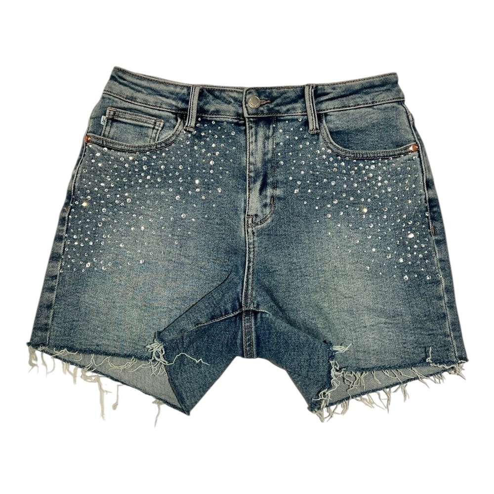 Judy Blue‎ Rhinestone Denim Shorts Size 28 Distressed Frayed Hem - Picture 2 of 13
